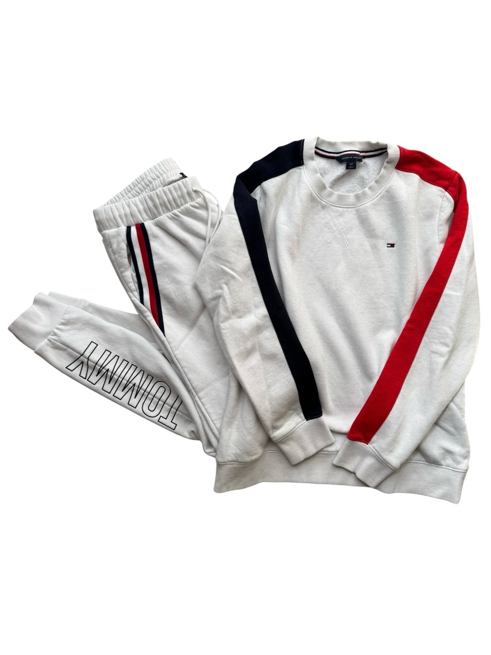 Tommy Hilfiger 2 Piece Sweatset White Colorblock Crewneck Sweatshirt Joggers S